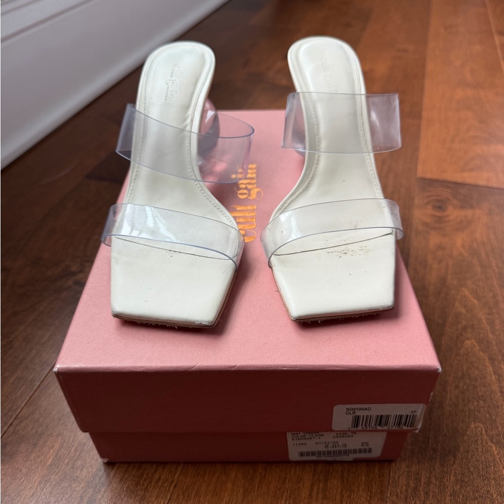 Cult Gaia NHU Dual Brand Sphere Sandals Clear Strap White Heels 37